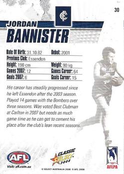 2008 Select AFL Classic #30 Jordan Bannister Back